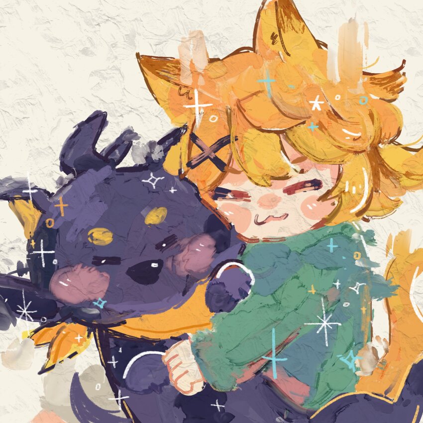 127 :3 =_= adapted_costume animal animal_ears animal_hug blonde_hair blush_stickers cat_ears cat_girl cat_tail cheek_press closed_eyes commentary deformed dog doki_amber_doge_(dokibird) dokibird_(vtuber) dokibird_(vtuber)_(bounty_hunter) feather_hair flipped_hair hair_ornament highres indie_virtual_youtuber short_hair symbol-only_commentary tail virtual_youtuber x_hair_ornament