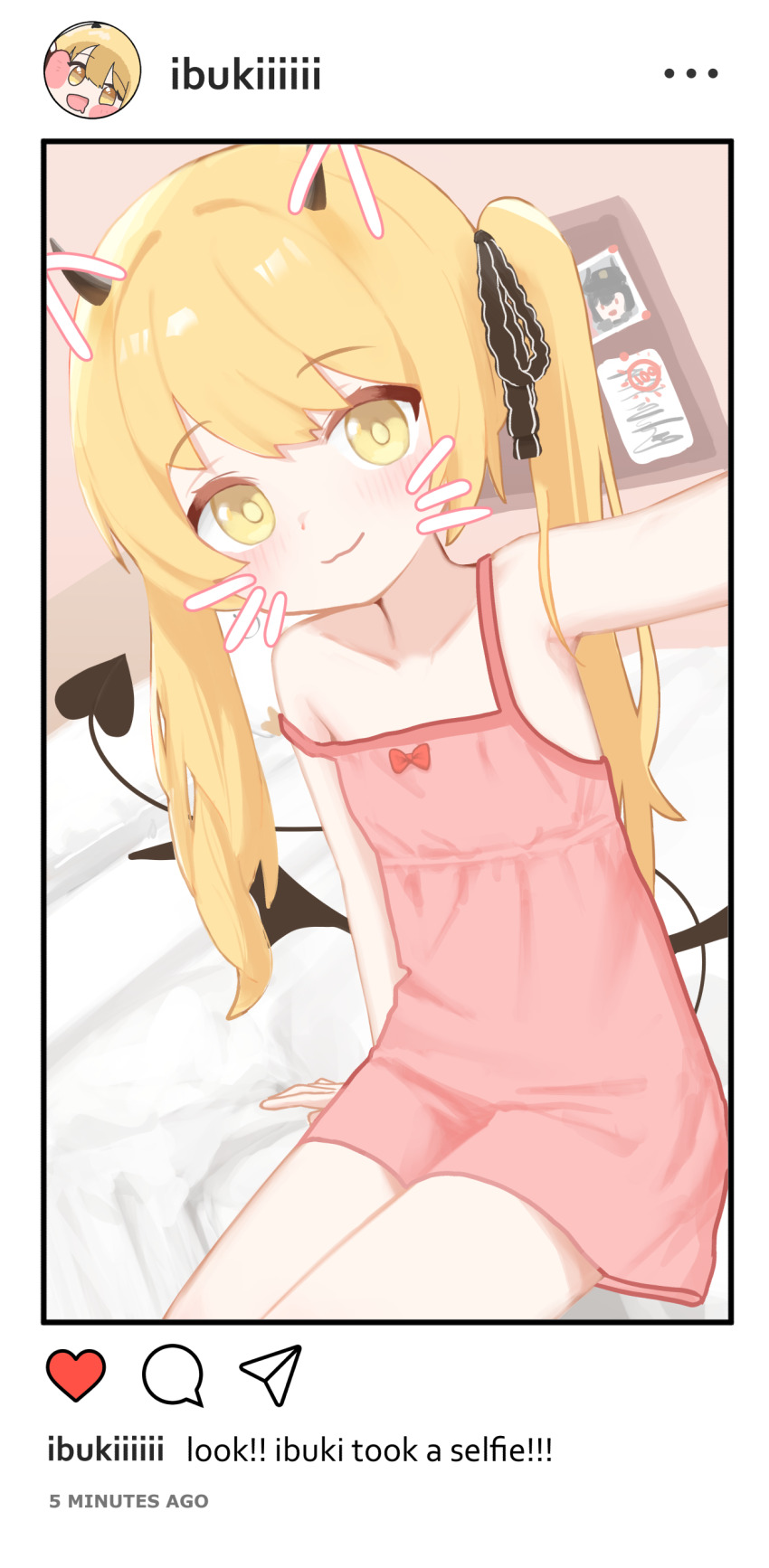 1girl :3 absurdres asymmetrical_hair black_horns black_ribbon black_tail black_wings blonde_hair blue_archive bow chiaki_(blue_archive) closed_mouth collarbone demon_girl demon_horns demon_tail demon_wings drawn_whiskers dress dress_bow english_text fake_phone_screenshot fake_screenshot flat_chest highres horns ibuki_(blue_archive) long_hair looking_at_viewer nullkurage peroro_(blue_archive) pink_dress ribbon selfie short_dress side_ponytail single_sidelock sitting smile solo strap_slip sundress tail wings yellow_eyes