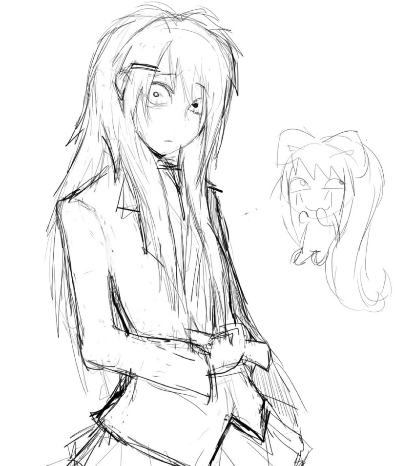 attempted_suicide awesome_face bad_source doki_doki_literature_club giggling hair_ornament hairclip highres holding holding_knife implied_suicide knife long_hair long_sleeves monika_(doki_doki_literature_club) monochrome school_uniform sketch skirt stab suicide surprised wide-eyed yuri_(doki_doki_literature_club)