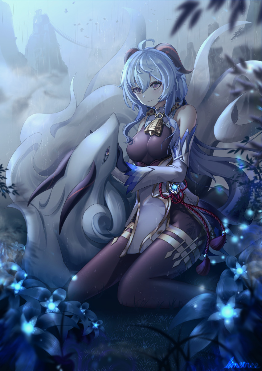 absurdres ahoge animal bare_shoulders bell black_gloves blue_hair breasts detached_sleeves flower ganyu_(genshin_impact) genshin_impact gloves gold_trim highres horns long_hair medium_breasts mountain neck_bell night purple_eyes qilin_(mythology) rain vision_(genshin_impact) winterlime12