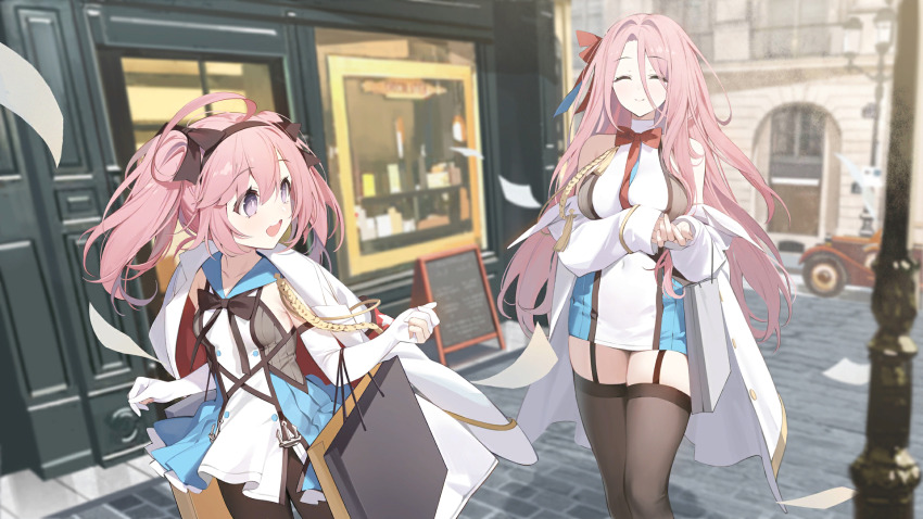 2girls ahoge azur_lane bag black_pantyhose bow bowtie car crossed_arms detached_sleeves elbow_carry gloves happy highres holding holding_bag jacket lexington_(azur_lane) long_hair looking_back military_jacket motor_vehicle multiple_girls non-web_source official_art pantyhose pink_hair purple_eyes saratoga_(azur_lane) shopping smile twintails
