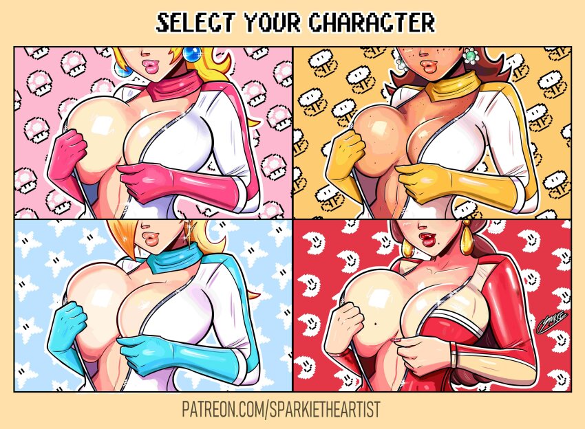 4girls absurdres blonde_hair bodysuit breasts earrings female_focus freckles gloves head_out_of_frame highres jewelry large_breasts lips lipstick makeup mario_(series) mario_kart mario_kart_world mole mole_on_breast multiple_girls nail_polish nintendo open_bodysuit open_clothes pauline_(mario) princess_daisy princess_peach puckered_lips rosalina scarf smile sparkietheartist teasing thick_lips upper_body