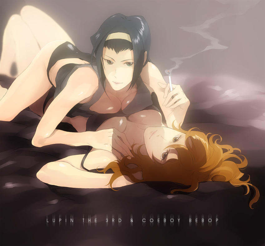 1990s_(style) 2girls artistic_error bad_id bad_pixiv_id bed_sheet black_hair black_panties blurry breast_press breasts brown_eyes brown_hair cigarette cleavage copyright_name cowboy_bebop crossover depth_of_field faddawdle faye_valentine green_eyes headband highres lipstick looking_at_viewer lupin_iii lying makeup mine_fujiko multiple_girls on_back on_stomach panties retro_artstyle smoking symmetrical_docking typo underwear yuri