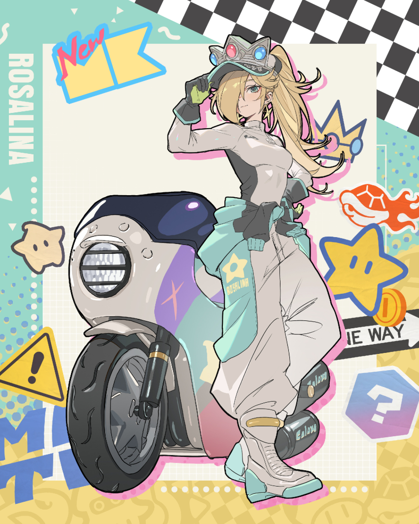 +_+ 1girl ? aqua_background asymmetrical_bangs baggy_pants biker_clothes black_gloves black_hat blonde_hair blue_eyes blue_jacket boots breasts character_name closed_mouth clothes_around_waist crown daniel_deng drop_shadow eyelashes full_body gloves grey_boots grey_pants grey_shirt hair_over_one_eye halftone hand_on_headwear happy hat highres jacket jacket_around_waist long_bangs long_hair long_sleeves looking_at_viewer luma_(mario) mario_(series) mario_kart mario_kart_world medium_breasts motor_vehicle motorcycle nintendo official_alternate_costume pants ponytail rosalina rosalina_(pro_racer) shell shirt sign smile solo star_(symbol) star_print turtleneck turtleneck_shirt two-tone_background visor_cap warning_sign yellow_background