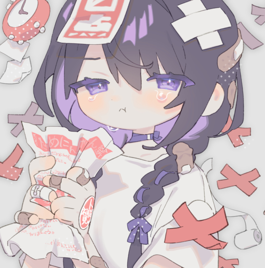 :t alarm_clock bandaged_fingers bandaged_neck bandages bandaid bandaid_on_head braid choker clock crossed_bandaids crumpled_paper dame_ningen_da_(utau) flying_paper furrowed_brow hair_between_eyes hair_over_eyes hair_ribbon injury kotomori_noko multicolored_hair official_art oversized_clothes oversized_shirt paper polka_dot polka_dot_ribbon purple_eyes purple_hair ribbon sad shirt side_braid streaked_hair t-shirt tears tendoshi upper_body white_shirt