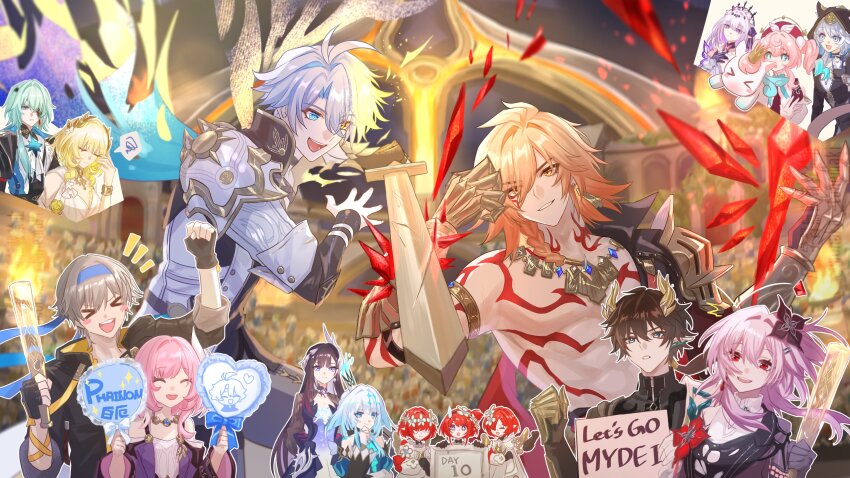 &gt;_&lt; 5boys 6+girls absurdres aglaea_(honkai:_star_rail) anaxa_(honkai:_star_rail) black_hair blonde_hair blue_eyes blue_hair blue_hairband caelus_(honkai:_star_rail) castorice_(honkai:_star_rail) cerydra_(honkai:_star_rail) chest_tattoo cipher_(honkai:_star_rail) colosseum commentary_request cyrene_(aedes_elysiae)_(honkai:_star_rail) cyrene_(honkai:_star_rail) dan_heng_(honkai:_star_rail) dan_heng_(permansor_terrae)_(honkai:_star_rail) dragon_boy eastern_dragon_horns evernight_(honkai:_star_rail) eyepatch flower green_hair grey_hair hair_flower hair_ornament hairband heterochromia highres holding holding_sword holding_weapon honkai:_star_rail honkai_(series) hyacine_(honkai:_star_rail) hysilens_(honkai:_star_rail) laurel_crown little_ica_(honkai:_star_rail) long_hair march_7th_(honkai:_star_rail) medical_eyepatch multiple_boys multiple_girls mydei_(honkai:_star_rail) pegasus phainon_(honkai:_star_rail) pink_hair purple_eyes purple_hair red_eyes red_hair red_tattoo sign sparring sword tanemaki_monaka tattoo toned toned_male topless_male trailblazer_(honkai:_star_rail) trianne_(honkai:_star_rail) tribbie_(honkai:_star_rail) trinnon_(honkai:_star_rail) twintails very_long_hair weapon wooden_sword yellow_eyes