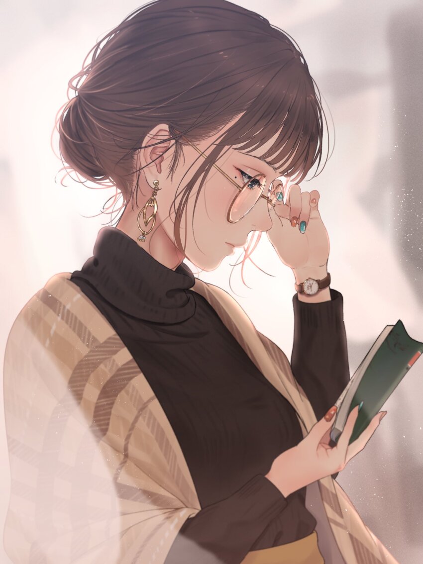 1girl aqua_nails arm_up black_sweater blurry blurry_background book brown_hair brown_nails closed_mouth commentary_request earrings fingernails floating_earrings from_side glasses green_eyes hair_behind_ear highres holding holding_book jewelry long_sleeves looking_at_object mole mole_under_eye multicolored_nails nail_polish open_book original pink_lips plaid_clothes plaid_shawl reading revision round_eyewear saitou_(lynx-shrike) shawl short_hair solo sweater turtleneck turtleneck_sweater upper_body watch yellow-framed_eyewear yellow_shawl