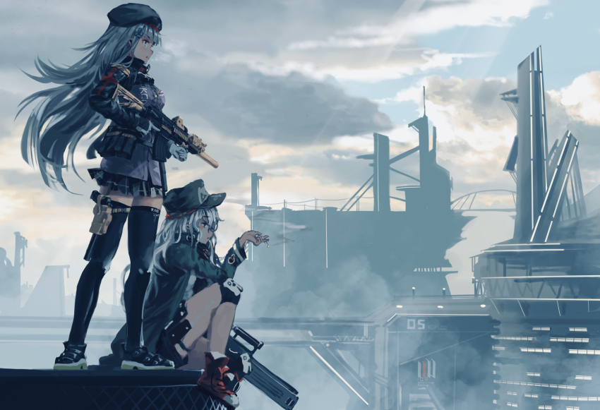 2girls aamond absurdres assault_rifle beret blunt_bangs building bullpup caseless_firearm cigarette cityscape cloud cloudy_sky commentary day factory floating_hair from_side g11_(girls&#039;_frontline) girls&#039;_frontline gloves grey_hair gun h&amp;k_g11 h&amp;k_hk416 handgun hat heckler_&amp;_koch highres hk416_(girls&#039;_frontline) holding holding_gun holding_weapon holster holstered jacket light_rays long_hair looking_ahead messy_hair multiple_girls outdoors pleated_skirt profile rifle scenery shoes sitting skirt sky skyline skyscraper smog smoking sneakers standing sunbeam sunlight suppressor thigh_holster thighhighs untied_shoelaces weapon white_hair wind