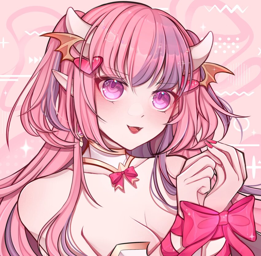 1girl absurdres bare_shoulders bound bound_wrists bow bow_choker breasts choker cleavage commentary demon_girl demon_horns english_commentary fingernails hair_ornament heart heart_hair_ornament highres horns ironmouse ironmouse_(race_queen) long_hair looking_at_viewer medium_breasts multicolored_hair nail_polish no_ahoge official_alternate_costume open_mouth pink_background pink_bow pink_hair pink_nails pointy_ears purple_eyes purple_hair rosheil smile solo two-tone_hair upper_body virtual_youtuber vshojo white_choker