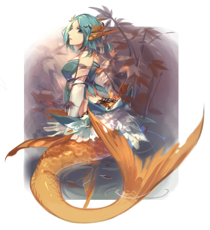 1girl bare_shoulders border crrispy_shark elbow_gloves fins from_side gloves green_hair green_shirt grey_eyes head_fins hestia_(sdorica) highres mermaid midriff monster_girl outside_border ripples sdorica shirt short_hair solo white_border white_gloves