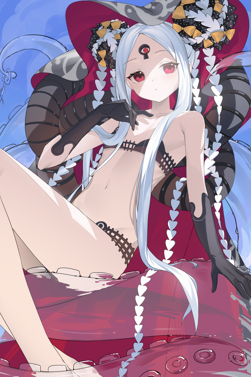 1girl abigail_williams_(fate) abigail_williams_(swimsuit_foreigner)_(fate) abigail_williams_(swimsuit_foreigner)_(first_ascension)_(fate) absurdres bikini black_bikini bow corruption dark_persona double_bun expressionless fate/grand_order fate_(series) gloves hair_bow hair_bun highres keyhole long_hair looking_at_viewer miyu10366 multiple_hair_bows possessed possession red_eyes solo suction_cups swimsuit tentacles third_eye white_hair yog-sothoth