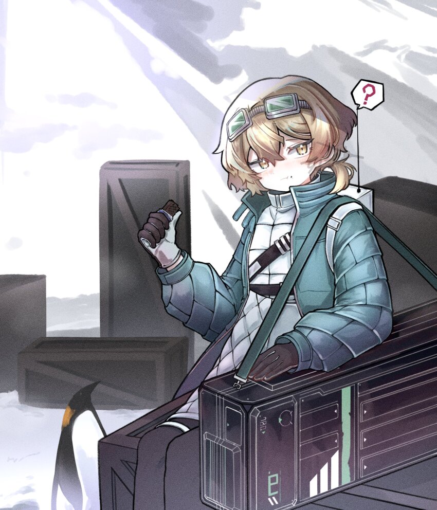 1boy ? backpack bag bird black_pants blonde_hair blue_jacket candy chocolate chocolate_bar devyat&#039;_association_north_uniform eating food food_on_face gloves goggles goggles_on_head highres jacket jacket_under_coat limbus_company low_ponytail male_focus open_clothes open_jacket outdoors pants penguin ponytail project_moon shoulder_bag sinclair_(project_moon) snow solo two-tone_gloves white_bag white_jacket yellow_eyes zeremi0102