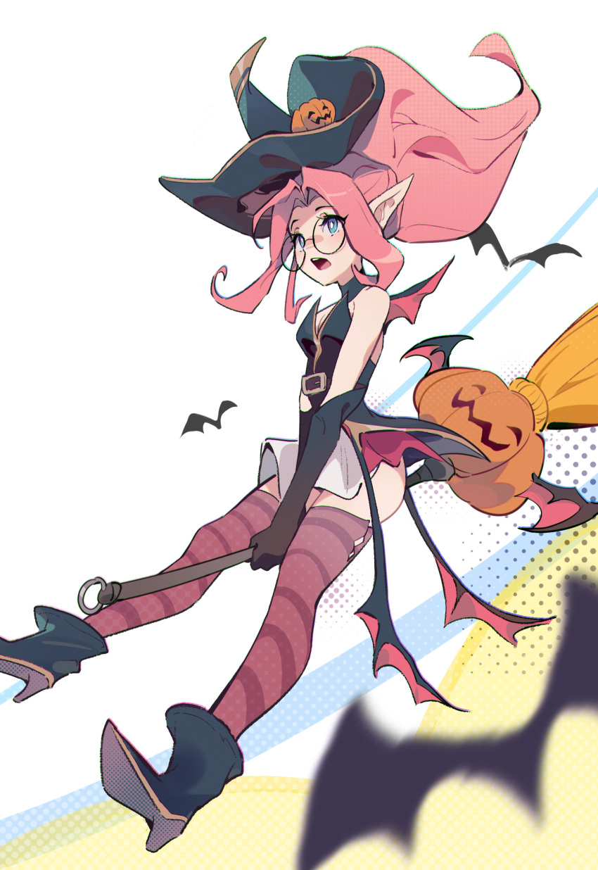 1girl :o absurdres animal bare_shoulders bat_(animal) bewitching_janna black_gloves black_hat black_shoes breasts broom broom_riding from_side full_body glasses gloves hat high_heels highres janna_(league_of_legends) league_of_legends long_hair multicolored_background orange_thighhighs parted_bangs pink_hair pointy_ears ponytail pumpkin round_eyewear shoes small_breasts solo striped_clothes striped_thighhighs teeth thighhighs tianshi_bianjie upper_teeth_only white_background witch_hat