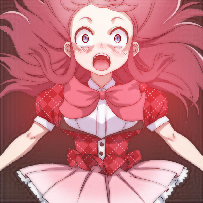 1girl black_background blue_eyes blush bow bowtie breasts jacket large_breasts long_hair looking_at_viewer minamoto_sakura open_clothes open_jacket open_mouth pink_skirt plaid_clothes plaid_jacket puffy_sleeves red_bow red_bowtie red_hair red_jacket shirt short_sleeves skirt standing surprised t_jiroo_(ringofriend) teeth upper_body white_shirt wind zombie_land_saga