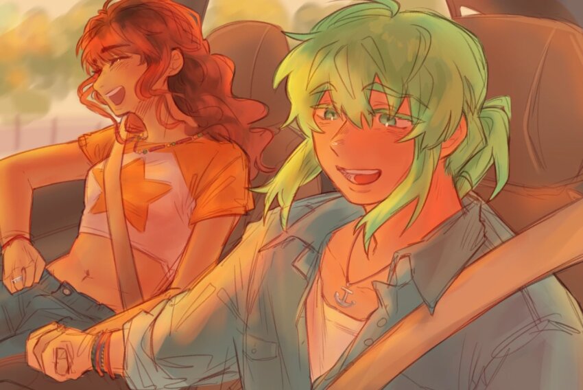 1boy 1girl :d anchor_necklace bead_bracelet bead_necklace beads blue_coat blurry blurry_background bracelet car_interior closed_eyes coat collared_coat cove_holden crop_top day denim driving green_eyes green_hair grin head_tilt holding_hands jeans jewelry long_hair low_ponytail main_character_(our_life) midriff multiple_bracelets necklace open_mouth orange_hair our_life:_beginnings_and_always pants ponytail ring saniilluw seatbelt shirt sidelocks smile star_(symbol) star_print teeth upper_teeth_only wavy_hair wedding_ring white_shirt