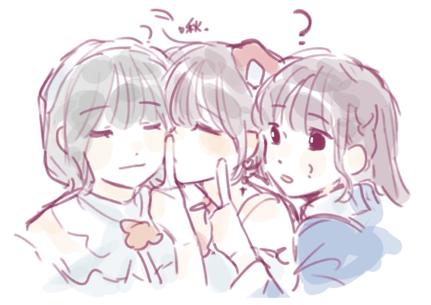 3girls 3rd_live_tour_try_tri_unity!!! ? animification aoku_haruka/flower black_eyes black_hair blue_shirt blunt_bangs braid chinese_commentary closed_eyes closed_mouth commentary_request cropped_torso green_hair hayama_fuka index_finger_raised kiss kissing_cheek kurusu_rin ladybug/beauty_(love_live!) link!_like!_love_live! long_hair looking_at_another love_live! miracreation/elegance multiple_girls off_shoulder official_alternate_costume open_mouth real_life sakurai_hina shirt short_hair side_braid sidelocks simple_background translation_request u_u voice_actor white_background woodonly yuri