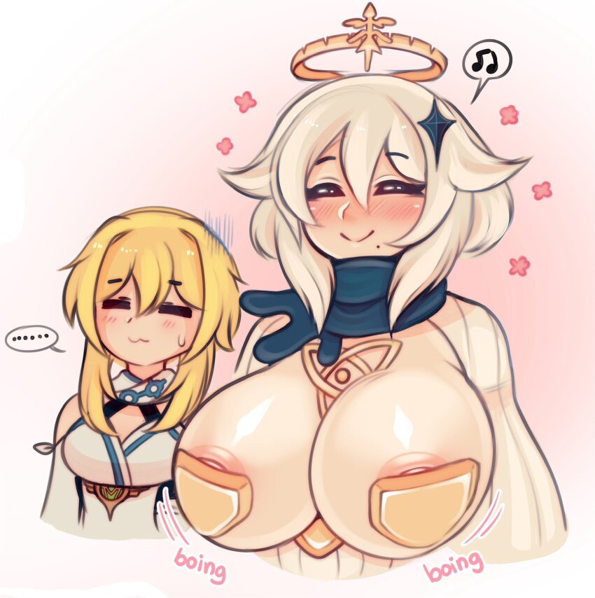 ... 2girls :&gt; :3 aged_up areola_slip blonde_hair bouncing_breasts breast_envy breasts breasts_out closed_eyes dress eyebrows_hidden_by_hair genshin_impact hair_ornament halo happy height_difference highres huge_breasts jewelry large_areolae lumine_(genshin_impact) medium_breasts mole mole_under_mouth multiple_girls musical_note nipple_penetration object_insertion paimon_(genshin_impact) raikissu scarf short_hair smile speech_bubble sweatdrop sweater sweater_dress white_background white_hair