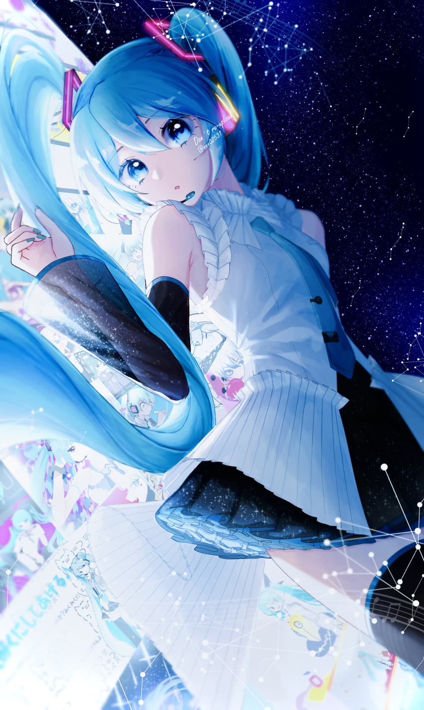 1girl absurdres aqua_eyes aqua_hair aqua_nails aqua_necktie black_skirt breasts commentary detached_sleeves english_commentary hair_between_eyes hair_ornament hatsune_miku hatsune_miku_(heartbeat) hatsune_miku_happy_16th_birthday_-dear_creators- headset hibikase_(vocaloid) highres long_sleeves looking_at_viewer lying medium_breasts miku_miku_ni_shite_ageru_(vocaloid) miniskirt necktie nnn02531 odds_&amp;_ends_(vocaloid) official_alternate_costume on_back open_mouth pleated_skirt romeo_to_cinderella_(vocaloid) senbonzakura_(vocaloid) shirt skirt sleeveless sleeveless_shirt solo song_request songover tell_your_world_(vocaloid) time_machine_(vocaloid) vampire_(vocaloid) vocaloid white_shirt wide_sleeves world_is_mine_(vocaloid)