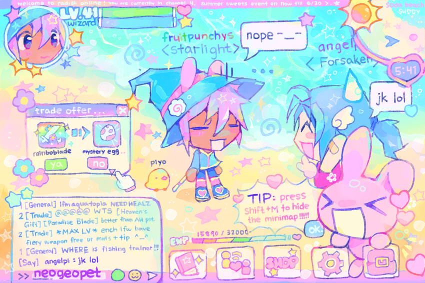 &gt;_&lt; 2others ^_^ androgynous animal_ears bird blue_hair blue_hat chat_log chibi chibi_only closed_eyes colorful commentary cursor dark_skin english_commentary english_text gameplay_mechanics hair_ornament hat heads-up_display heisei_retro highres hue_shifting minimap mmorpg multiple_others neogeopet open_mouth original other_focus ponytail purple_hair rabbit rabbit_ears short_hair smile speech_bubble sweatdrop user_interface window_(computing) wing_hair_ornament