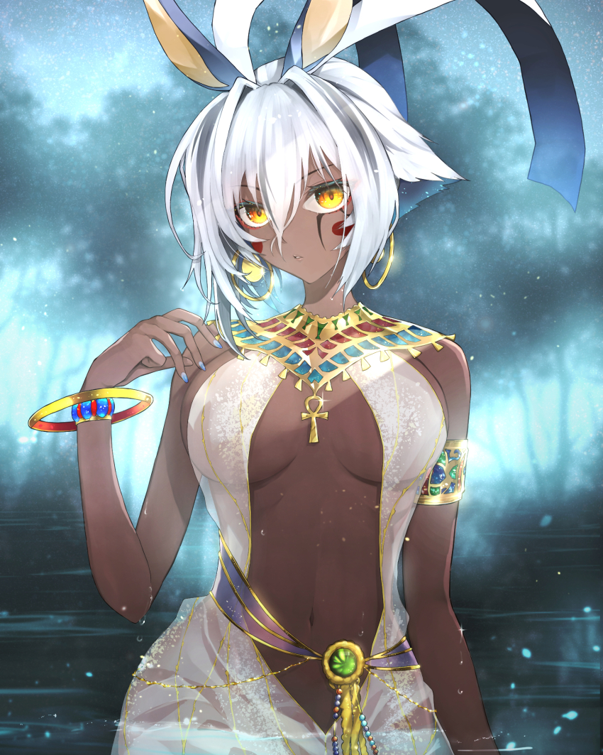 1girl animal_ears ankh antenna_hair armlet bare_shoulders belly_chain bracelet breasts center_opening colored_inner_hair dark-skinned_female dark_skin dress earrings facepaint facial_mark fate/grand_order fate_(series) gold_trim hazuki-a highres hoop_earrings jackal_ears jewelry looking_at_viewer medium_breasts multicolored_hair navel nitocris_(fate) nitocris_alter_(fate) nitocris_alter_(milky_way)_(fate) short_hair solo usekh_collar white_dress