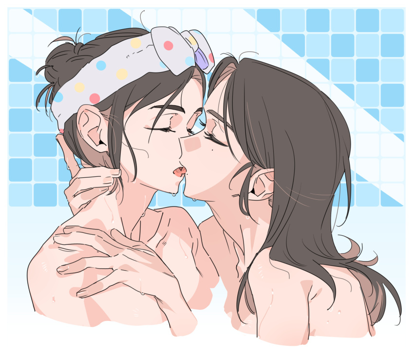 2girls black_hair border chinese_commentary closed_eyes commentary_request couple french_kiss friendly_rivalry hair_bun hair_up hairband hand_on_another&#039;s_neck hand_on_another&#039;s_shoulder highres hug kiss long_hair mole mole_under_eye molu_stranger multiple_girls neck nude parted_bangs same-sex_bathing shared_bathing short_hair straight_hair tile_wall tiles tongue upper_body water wet white_border woo_seul-gi yoo_je-i yuri