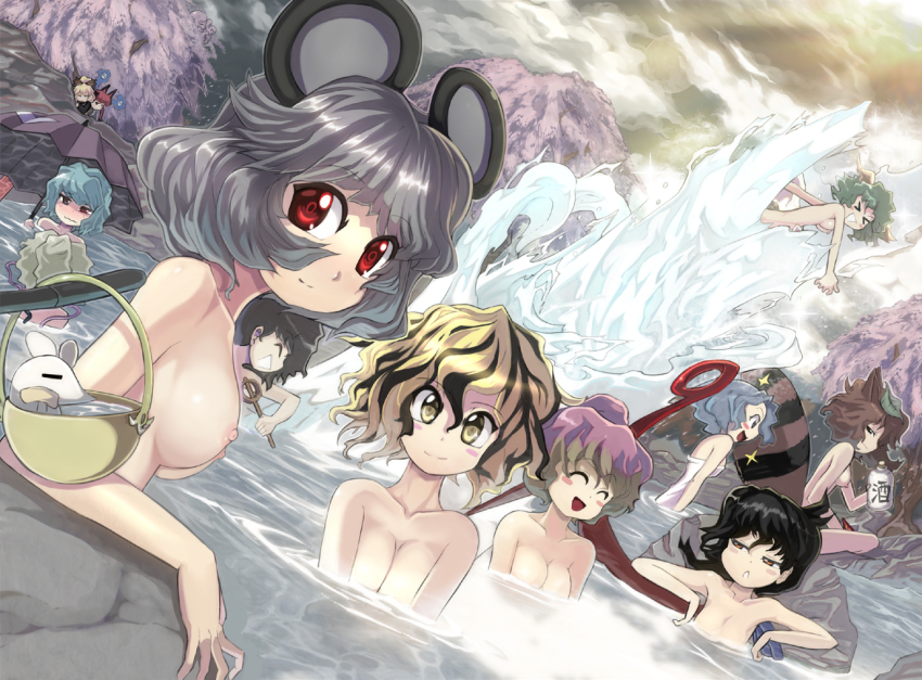 &gt;_&lt; 6+girls alternate_headwear animal_ears arm_support asymmetrical_wings basket bathing black_hair blonde_hair blue_hair blush_stickers braid breast_envy breasts cat_ears cat_tail cleavage closed_eyes cloud dutch_angle full_moon futatsuiwa_mamizou gourd gradient_hair green_hair grey_hair hair_up heterochromia hijiri_byakuren houjuu_nue kaenbyou_rin karakasa_obake kasodani_kyouko komeiji_koishi kumoi_ichirin kurodani_yamame large_breasts looking_at_viewer moon mouse_(animal) mouse_ears mouse_tail multicolored_hair multiple_girls murasa_minamitsu nazrin night nipples nude onsen open_mouth outdoors partially_submerged peeking raccoon_ears raccoon_tail red_eyes red_hair short_hair smile sparkle splashing syope tail tatara_kogasa toramaru_shou touhou tree twin_braids two-tone_hair umbrella unzan water wavy_mouth wings