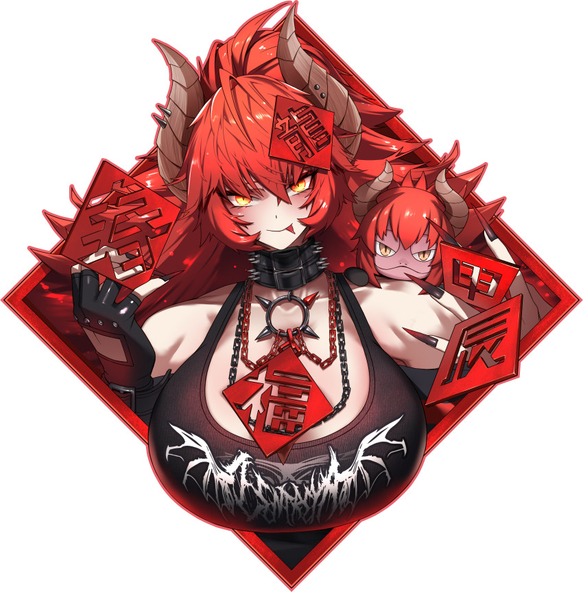 1girl absurdres black_collar black_nails black_shirt breasts chibi_on_shoulder collar dragon_girl dragon_horns fingerless_gloves firudo gecko_zen gloves highres horns large_breasts long_hair nail_polish ponytail red_hair shirt sleeveless sleeveless_shirt smile spiked_collar spikes tongue tongue_out transparent_background virtual_youtuber vshojo yellow_eyes zentreya zentreya_(dragon) zentreya_(dragon)_(metalheads)