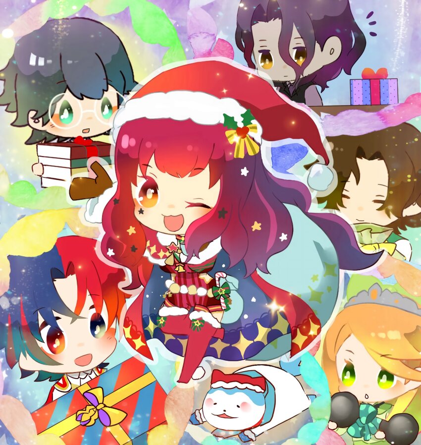 2girls 5boys male_alear_(fire_emblem) blue_cape bodysuit cape christmas etie_(fire_emblem) facial_mark fire_emblem fire_emblem_engage fire_emblem_heroes h_u_sss hair_ornament hat highres holding holding_sack holly_hair_ornament jean_(fire_emblem) louise_(fire_emblem) multicolored_cape multiple_boys multiple_girls nintendo official_alternate_costume one_eye_closed open_mouth red_bodysuit red_cape sack santa_hat sommie_(fire_emblem) star_(symbol) star_facial_mark star_hair_ornament star_print two-tone_cape yunaka_(spirited_envoy)_(fire_emblem) zelkov_(fire_emblem)