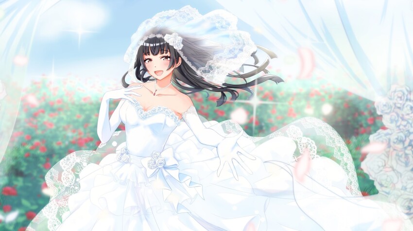 1girl alternate_costume black_hair blue_sky blush cloud dress elbow_gloves flower gloves highres idolmaster idolmaster_shiny_colors long_hair looking_at_viewer mayuzumi_fuyuko open_mouth red_flower rose saku-0403 sky smile solo veil wedding_dress white_dress white_gloves yellow_eyes