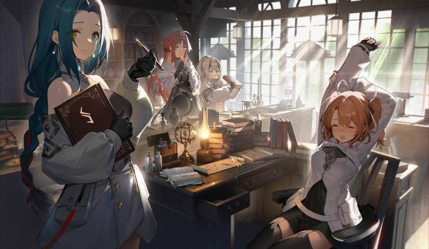 4girls absurdres alethea_(thrud:_broken_heaven) arms_up backlighting bare_shoulders black_dress black_gloves black_hair black_thighhighs blank_(thrud:_broken_heaven) blue_eyes book book_stack bookshelf bottle celestial_globe chair closed_eyes cowboy_shot day desk detached_sleeves drawer dress fingerless_gloves garter_straps glasses globe gloves green_hair hair_intakes hair_ribbon hand_on_own_elbow hands_up heterochromia highres holding holding_book holding_pen hugging_book hugging_object indoors kexue lamp long_hair long_sleeves looking_ahead looking_at_object looking_at_viewer multicolored_hair multiple_girls nakai_(thrud:_broken_heaven) official_art on_chair open_mouth orange_hair pen ponytail purple_eyes red_hair ribbon scroll sitting standing sunlight teardrop teeth thighhighs thrud:_broken_heaven two_side_up upper_teeth_only white_dress white_hair white_ribbon window yawning yellow_eyes yera_(thrud:_broken_heaven)