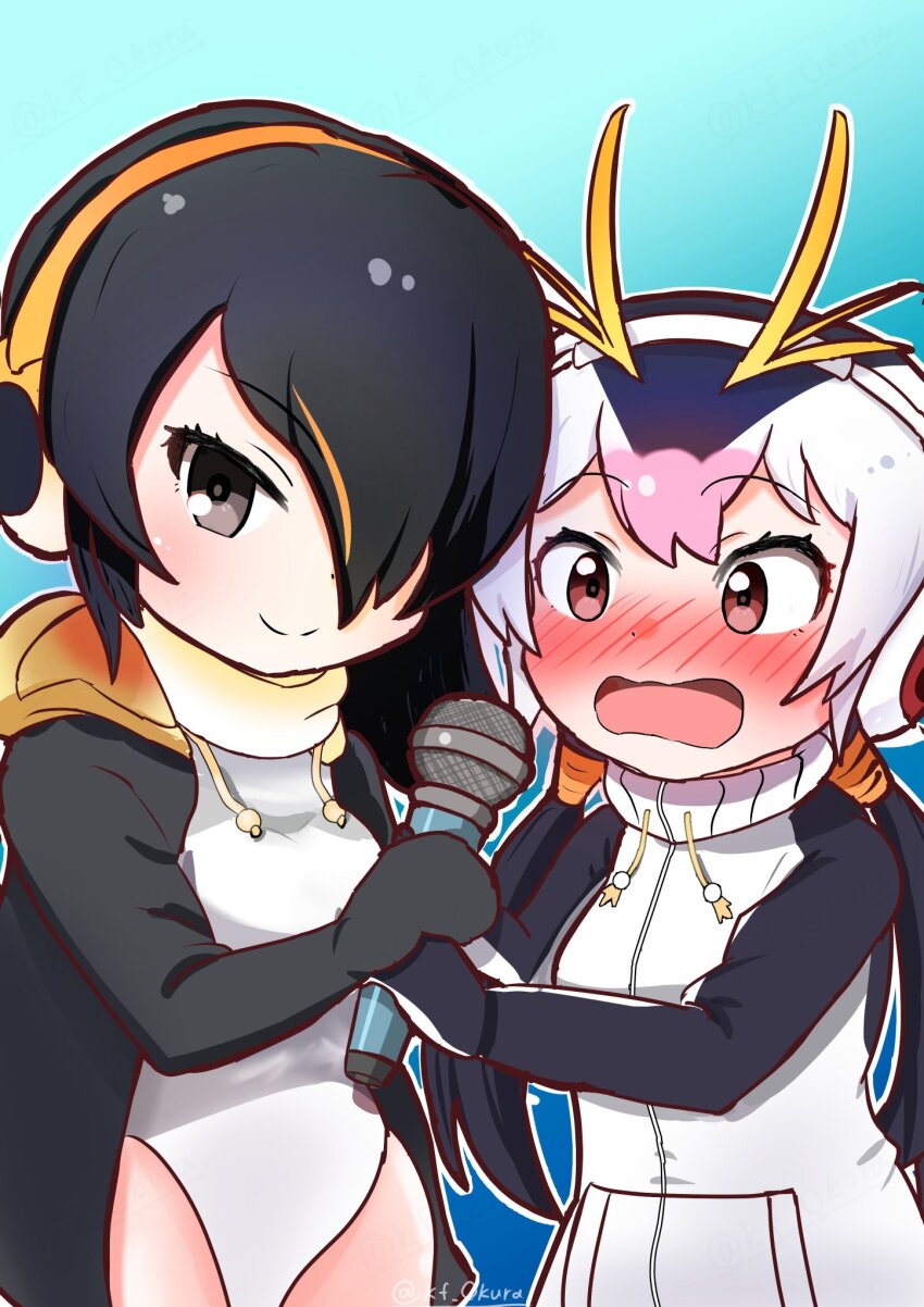 1girl 2girls black_hair black_hoodie black_sweater blonde_hair blush brown_eyes cowboy_shot drawstring embarrassed emperor_penguin_(kemono_friends) full-face_blush hair_over_one_eye headphones high_collar highres hood hood_down hoodie kemono_friends leotard long_hair long_sleeves looking_at_viewer microphone mittens multicolored_hair multiple_girls ookura_haruto open_clothes open_hoodie open_mouth penguin_girl pink_hair red_eyes royal_penguin_(kemono_friends) short_hair smile solo sweater twintails two-tone_sweater wavy_mouth white_hair white_leotard white_sweater