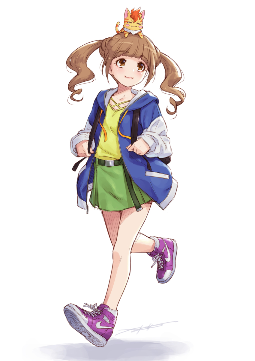 1girl animal animal_on_head artist_name backpack bag belt black_belt blue_jacket brown_eyes brown_hair casual commentary full_body green_skirt hands_in_pockets healin&#039;_good_precure highres hiramitsu_hinata hood hood_down hooded_jacket jacket kazuma_muramasa medium_hair miniskirt no_socks nyatoran_(precure) on_head open_clothes open_jacket pleated_skirt precure purple_shoes raglan_sleeves shirt shoes signature simple_background skirt sneakers solo twintails walking white_background yellow_shirt