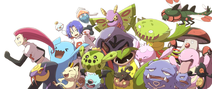 1boy 1girl amoonguss arbok black_gloves blue_hair cacnea carnivine chimecho closed_eyes commentary_request dustox earrings frillish gen_1_pokemon gen_2_pokemon gen_3_pokemon gen_4_pokemon gen_5_pokemon gen_6_pokemon gloves happy highres inkay james_(pokemon) jessie_(pokemon) jewelry lickitung meowth mime_jr. misonikomiii nintendo pokemon pokemon_(anime) pokemon_(creature) pumpkaboo seviper smile standing team_rocket team_rocket_uniform tongue tongue_out victreebel weezing white_background wobbuffet woobat yamask yanma