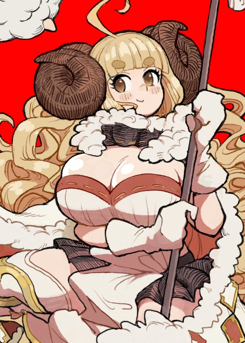 1girl ahoge anila_(granblue_fantasy) blonde_hair blunt_bangs blush breasts brown_eyes cleavage closed_mouth cropped gloves granblue_fantasy hachinos_ssb highres large_breasts long_hair looking_at_viewer red_background sheep simple_background smile solo thick_eyebrows white_gloves