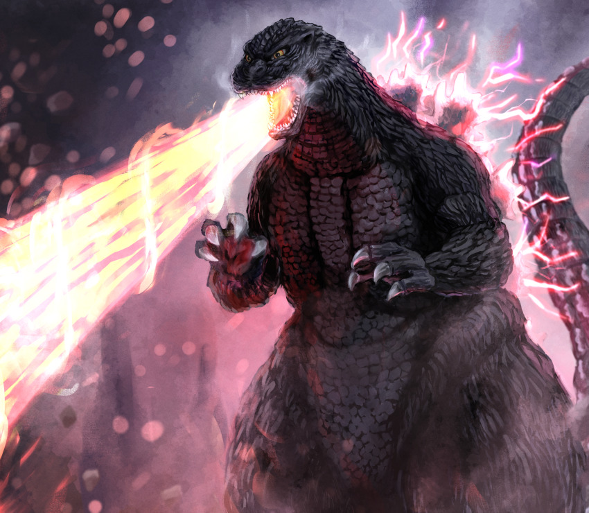 akito1218 atomic_breath breath_weapon dinosaur electricity embers energy energy_beam fangs giant giant_monster glowing glowing_mouth glowing_spikes godzilla godzilla_(series) godzilla_vs._spacegodzilla highres kaiju monster mouth_beam multicolored_eyes muscular muscular_arms muscular_legs no_humans open_mouth orange_eyes pectorals pink_electricity purple_electricity red_electricity red_spiral_ray sea_monster sharp_teeth spikes tail teeth thick_thighs thighs toho tongue two-tone_eyes yellow_eyes