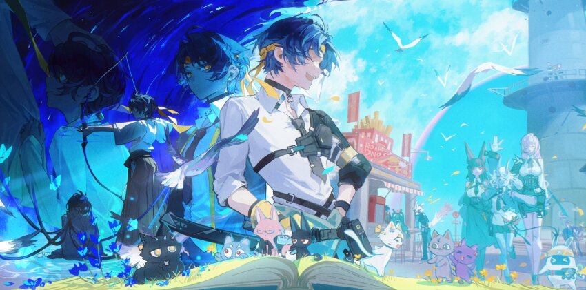 2boys ^_^ animal_ears animalization archery asaba_harumasa bangboo_(zenless_zone_zero) bird black_choker black_hair black_necktie blue_sky book chibi choker closed_eyes cloud collared_shirt dual_persona flower food_stand grass hakama headband headpat highres hoshimi_miyabi japanese_clothes long_sleeves multiple_boys multiple_views necktie night night_sky non-humanoid_robot open_book outdoors pink_hair polar_opposites qingyi_(zenless_zone_zero) robot seth_lowell shirt short_hair shoujijiang skirt sky sleeves_rolled_up smile soukaku_(zenless_zone_zero) split_theme tail tsukishiro_yanagi white_hair white_shirt yellow_eyes yellow_headband zenless_zone_zero