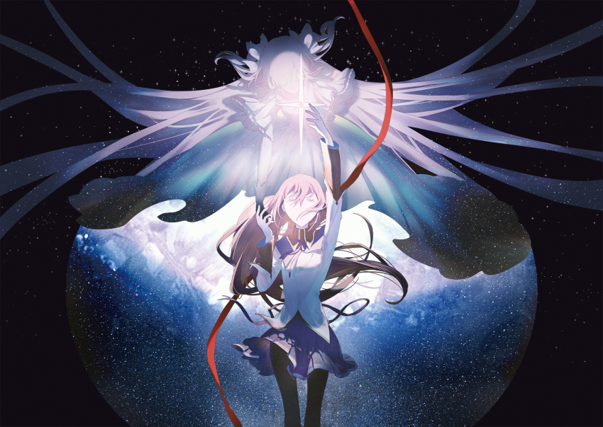 1girl 2girls akemi_homura akemi_homura_(magical_girl) argyle_clothes black_background closed_eyes dinned dress highres kaname_madoka long_hair magical_girl mahou_shoujo_madoka_magica multiple_girls space star_(symbol) two_side_up ultimate_madoka very_long_hair white_dress