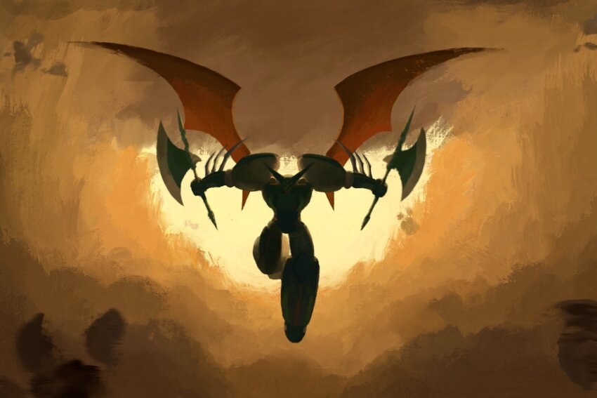 arm_blade axe battle_axe cloud demon_wings dual_wielding flying full_body getter_robo getter_robo_arc highres holding holding_axe ll2759339 mecha mecha_focus red_wings robot shin_getter_tarak super_robot weapon wings