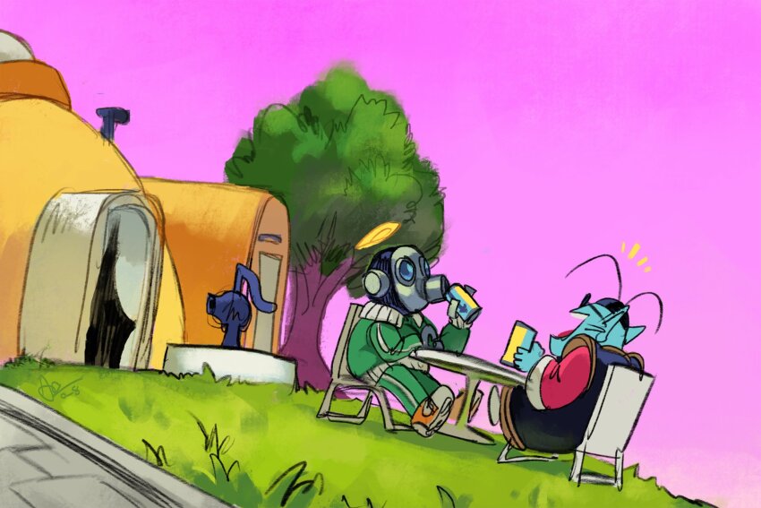 2boys alex_ahad blue_skin colored_skin dragon_ball dragonball_z drinking gas_mask grass green_jacket green_pants halo highres house jacket mask multiple_boys north_kaiou open_mouth pants purple_background robot table toriyama_akira_(character) yellow_halo