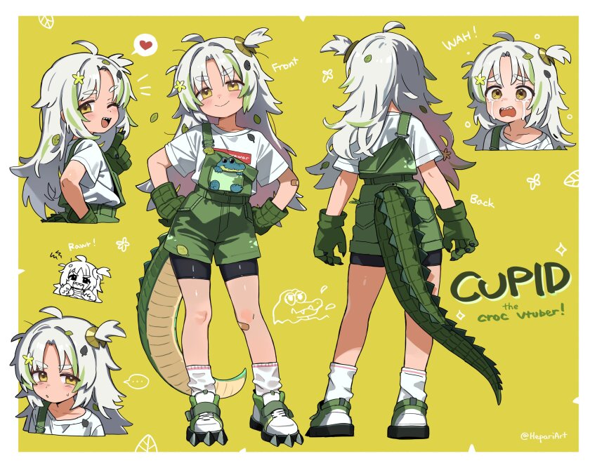 1girl absurdres ahoge animal animal_in_clothes bandaid bandaid_on_leg bike_shorts bike_shorts_under_shorts black_shorts border closed_mouth clothing_cutout contrapposto crocodile crocodile_girl crocodilian crocodilian_gloves crocodilian_tail cropped_shoulders cropped_torso crying cupidyle_(vtuber) deformed dot_nose english_text flower flower_ornament from_behind from_side gao gloves green_background green_gloves green_hair green_overalls green_shoes green_shorts grey_hair hair_flower hair_ornament hands_on_own_hips head_tilt heart hepari highres indie_virtual_youtuber invisible_floor leaf leaf_on_head lily_pad long_hair looking_at_viewer looking_to_the_side loose_socks messy_hair multicolored_hair multicolored_shoes multiple_views notice_lines one_side_up open_mouth outside_border overalls scales sharp_teeth shirt shoes short_eyebrows shorts single_off_shoulder smile socks speech_bubble spiked_shoes spikes spoken_heart standing streaked_hair streaming_tears sweatdrop t-shirt tail tail_through_clothes tears teeth thick_eyebrows twitter_username two-tone_shoes white_border white_shirt white_shoes white_socks yellow_eyes