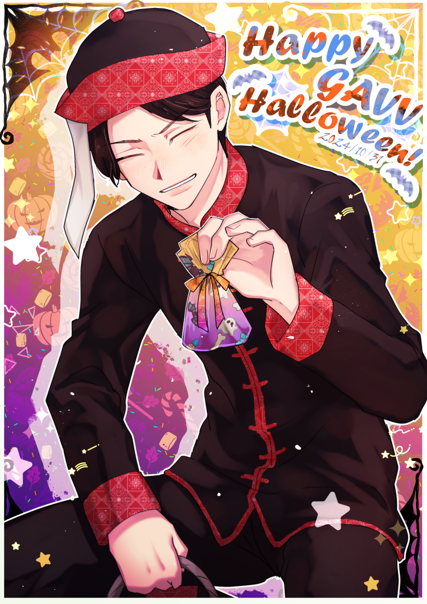 1boy 2024 absurdres bag border brown_hair candy chinese_clothes chinese_hat closed_eyes commentary_request dated food gradient_background grin halloween halloween_costume happy_halloween highres invisible_chair jiangshi_costume kamen_rider kamen_rider_gavv_(series) karakida_hanto male_focus short_hair sitting smile solo star_(symbol) tokkyumanji white_border
