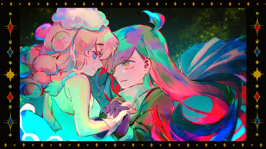 1boy 1girl ahoge aqua_dress black_gloves blue_eyes border breasts closed_mouth colored_inner_hair couple curly_hair dress face-to-face floating_clothes floating_hair fur_hat gloves glowing glowing_clothes glowing_hair hair_behind_ear hand_up hat hetero holding_hands interlocked_fingers looking_at_another marle_(puyopuyo) merumerumerume mini_hat multicolored_hair no_sclera official_alternate_hair_length official_alternate_hairstyle ornate_border puyopuyo puyopuyo_tetris_2 sky sleeveless sleeveless_dress small_breasts squares_(puyopuyo) star_(sky) starry_sky tutu upper_body white_gloves white_hat yellow_eyes