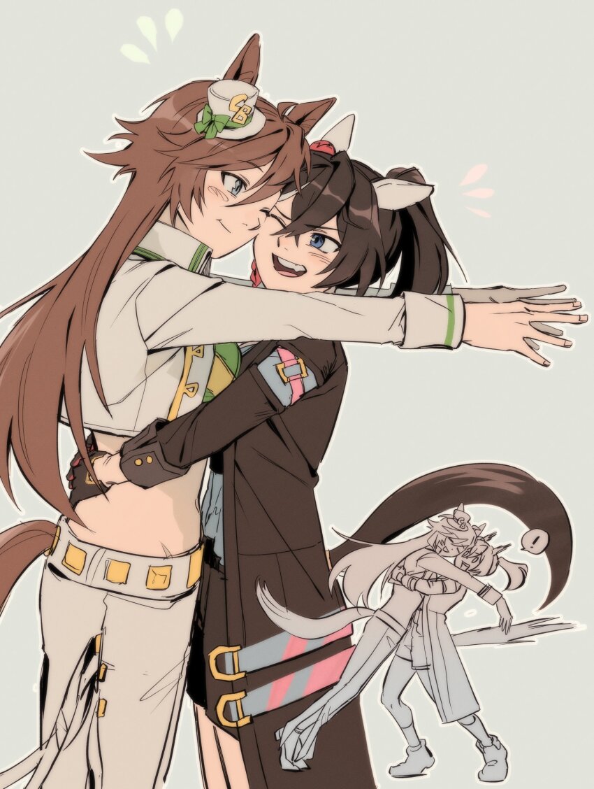 ! 2girls :d :t animal_ears arms_around_waist arms_on_another&#039;s_shoulder black_coat black_hair black_tail blue_eyes blush brown_hair brown_tail cheek-to-cheek closed_mouth coat commentary cropped_jacket deok_mal ear_covers eye_contact full_body happy heads_together highres horse_ears horse_girl horse_tail hug jacket katsuragi_ace_(umamusume) long_coat long_hair long_sleeves looking_at_another mr._c.b._(umamusume) multiple_girls multiple_views one_eye_closed open_mouth pants ponytail smile spoken_exclamation_mark stiff_tail surprised tail umamusume white_jacket white_pants