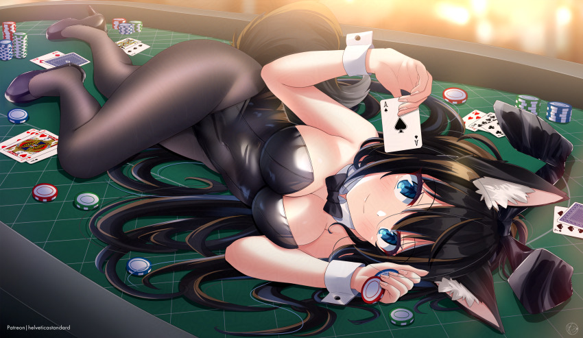 1girl absurdres ace_(playing_card) ace_of_spades animal_ears black_hair black_leotard black_pantyhose blue_eyes bow bowtie breasts card cleavage commentary_request detached_collar feet_out_of_frame fox_ears fox_tail helvetica_std highres jack_(playing_card) jack_of_hearts leotard lying medium_breasts on_side original pantyhose playboy_bunny playing_card poker_chip poker_table rabbit_ears solo spade_(shape) strapless strapless_leotard table tail wrist_cuffs