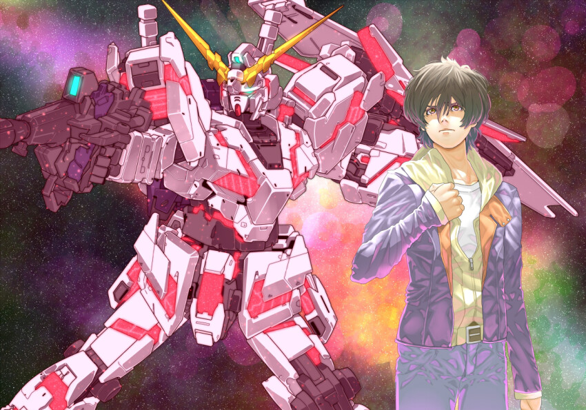 1boy aiming banagher_links beam_cannon beam_rifle blue_eyes brown_eyes brown_hair commentary_request energy_gun gundam gundam_unicorn jacket machinery male_focus mecha mecha_focus mobile_suit nebula psycho_frame puu_maru realistic robot science_fiction space star_(sky) unicorn_gundam v-fin weapon