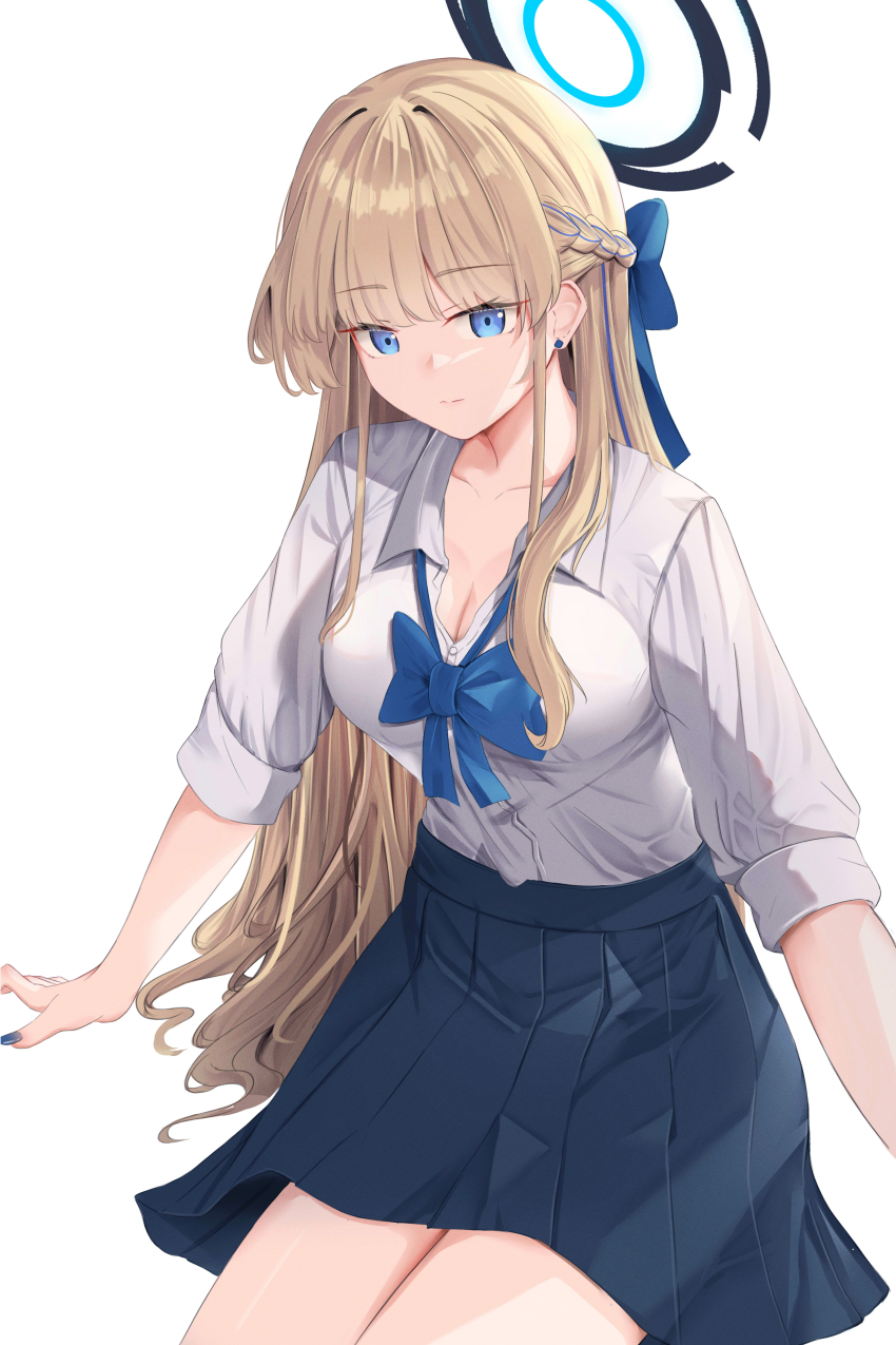 1girl absurdres blonde_hair blue_archive blue_eyes blue_hair blue_halo blue_nails blue_skirt breasts closed_mouth collarbone ear_piercing halo highres large_breasts leonardo_566 long_hair long_sleeves looking_at_viewer multicolored_hair nail_polish official_alternate_hairstyle piercing pleated_skirt shirt shirt_tucked_in simple_background skirt smile solo streaked_hair thighs toki_(blue_archive) white_background white_shirt