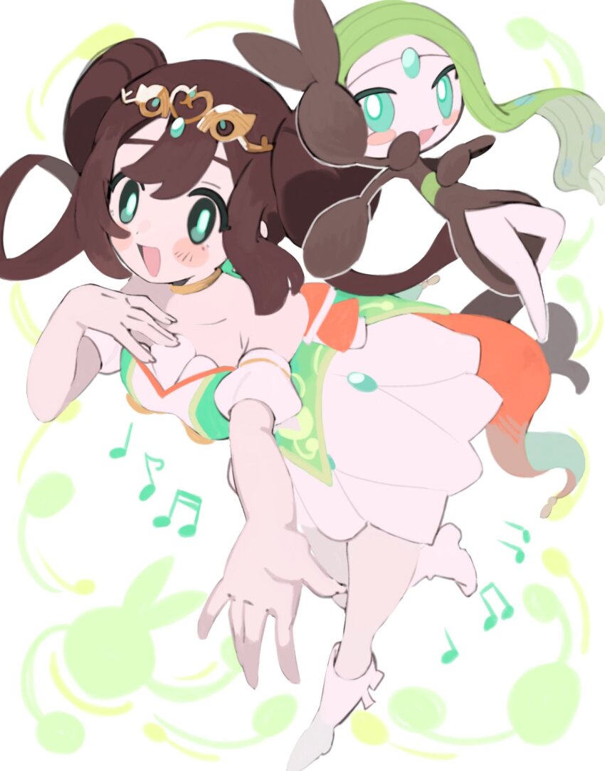 1girl :d blush brown_hair double_bun dress gen_5_pokemon green_eyes hair_bun highres legendary_pokemon long_hair looking_at_viewer meloetta meloetta_(aria) musical_note mythical_pokemon nintendo official_alternate_costume open_mouth pk_rll pokemon pokemon_(creature) pokemon_masters_ex rosa_(champion)_(pokemon) rosa_(pokemon) smile tiara twintails white_dress