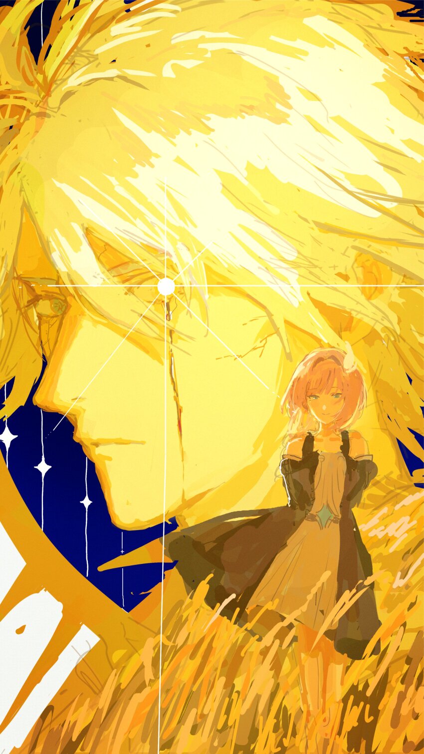 1boy 1girl absurdres blue_eyes coat commentary_request cyrene_(honkai:_star_rail) dosukoi_tsukimiyama dress hair_ornament highres honkai:_star_rail honkai_(series) phainon_(honkai:_star_rail) pink_hair purple_coat scar scar_across_eye scar_on_face short_hair smile wheat white_dress