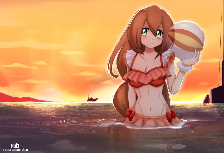 1girl axasempai ball beachball bikini breasts brown_hair cleavage cowboy_shot green_eyes highres holding holding_ball holding_beachball iris_(mega_man) joints large_breasts long_hair mega_man_(series) mega_man_x_(series) mega_man_x_dive official_alternate_costume partially_submerged pink_bikini reflection reflective_water robot_girl robot_joints solo sunset swimsuit