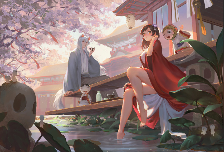 2boys 2girls absurdres animal_ears architecture arm_at_side arm_up bare_legs barefoot bowl breasts brown_eyes brown_hair building chelsea_sun choko_(cup) cup day east_asian_architecture flower fox_boy fox_ears fox_tail grass grey_hakama hair_between_eyes hair_flower hair_ornament hakama hand_up hanging_lantern haori highres holding holding_cup house japanese_clothes kamisama_hajimemashita kimono kotetsu_(kamisama_hajimemashita) lantern leaf light_particles long_hair long_sleeves looking_at_another looking_away mask medium_hair mixed-language_commentary momozono_nanami multiple_boys multiple_girls noren onikiri_(kamisama_hajimemashita) outdoors paper_lantern plant plantar_flexion pond red_ribbon ribbon ripples rope seiza shimenawa shinozaki_ayaka shionji_yuuko sideways_glance sitting smile spirit spoon stone_lantern sunlight swept_bangs tail tokkuri tomoe_(kamisama_hajimemashita) tray tree very_long_hair water waving wet white_hair white_kimono wide_sleeves wind_chime